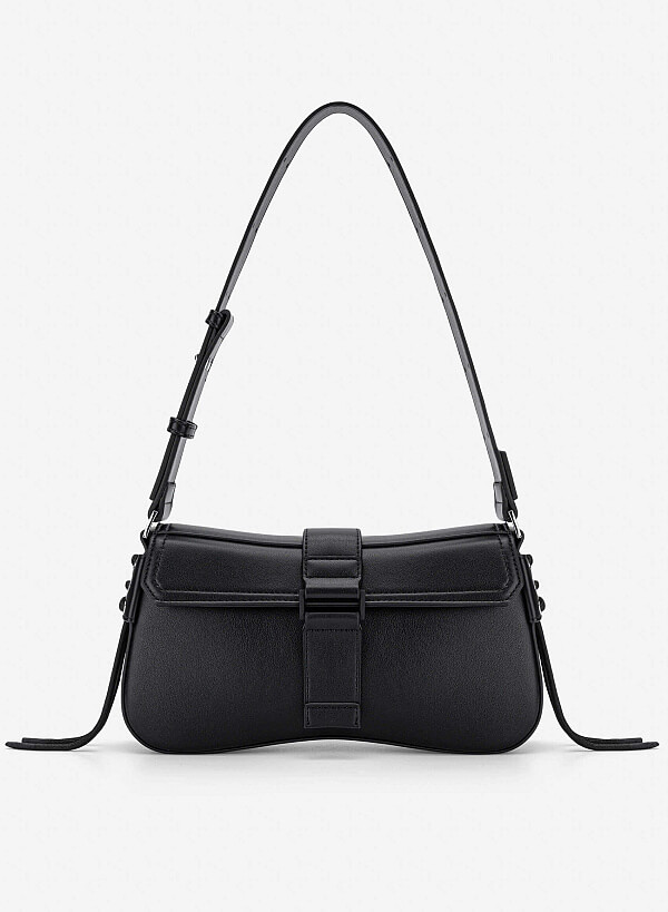 Trendy Lock Fold-Over Shoulder Bag - MES 0276 - Black