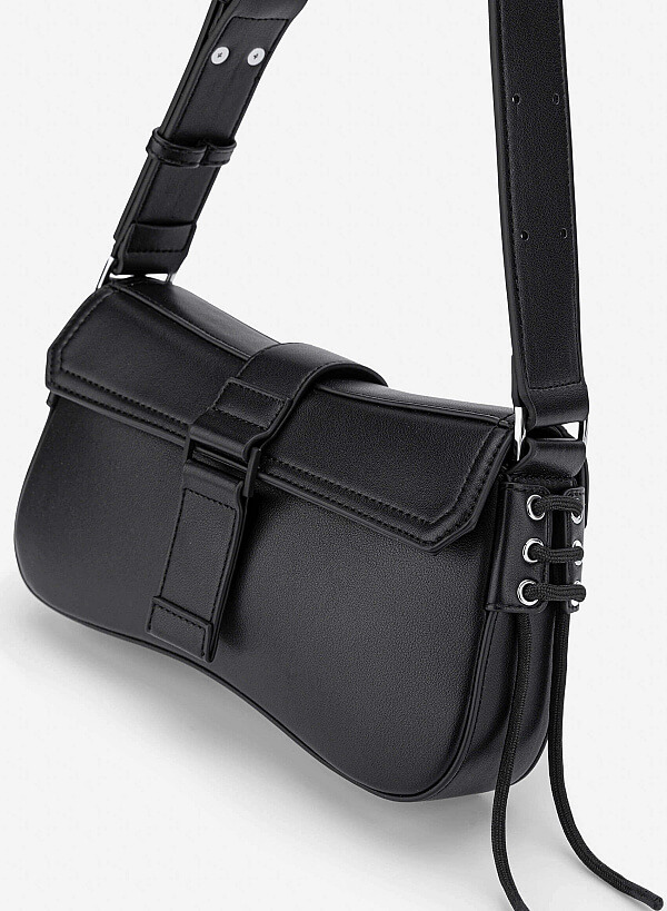 Trendy Lock Fold-Over Shoulder Bag - MES 0276 - Black - VASCARA