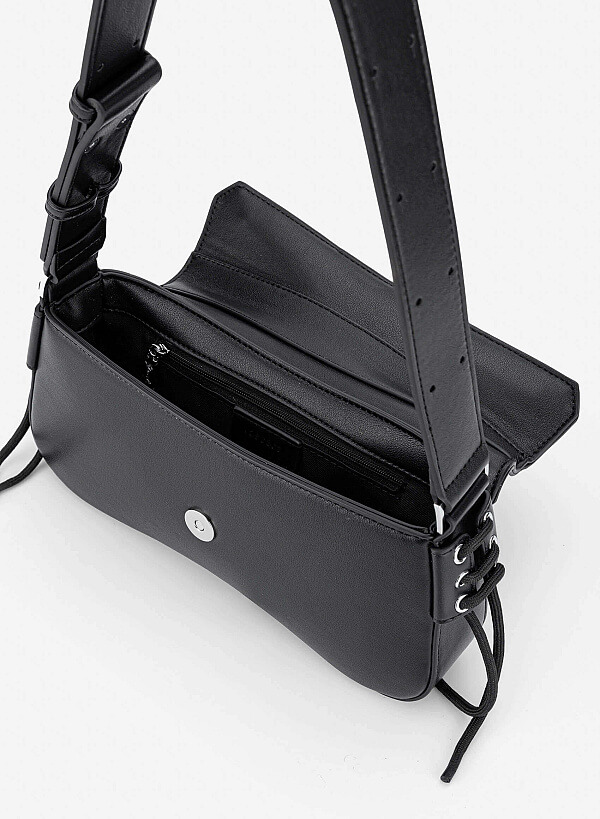 Trendy Lock Fold-Over Shoulder Bag - MES 0276 - Black - VASCARA