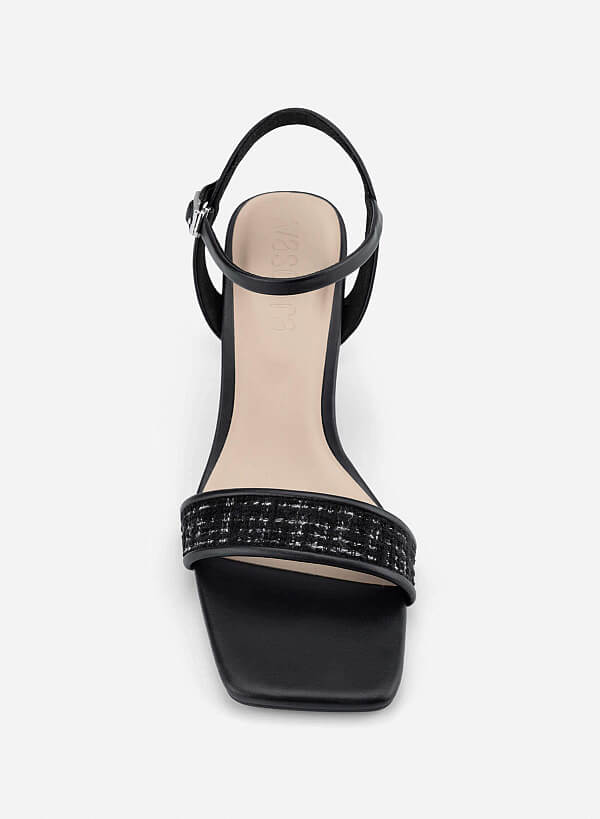 Tweed Block Heel Sandals - PUM 0816 - Black - VASCARA