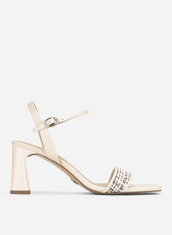 Tweed Block Heel Sandals - PUM 0816 - Cream