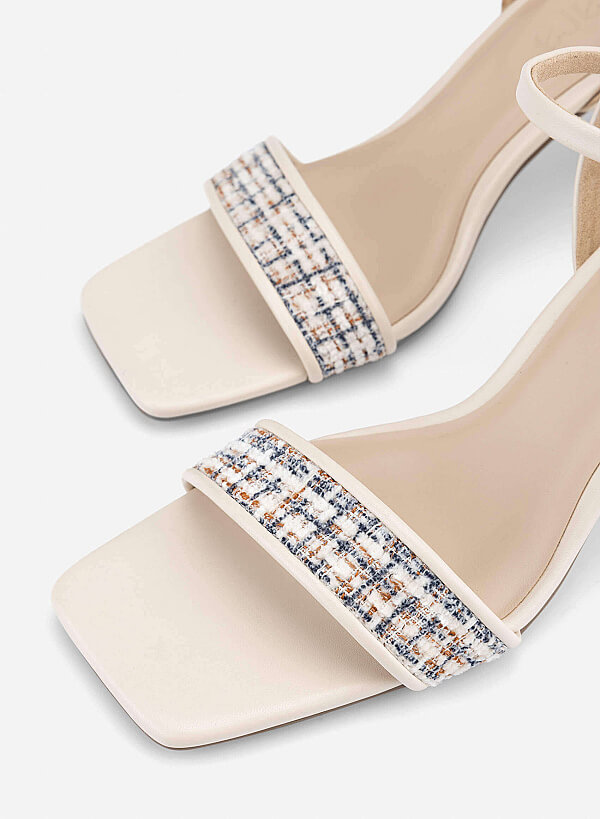 Tweed Block Heel Sandals - PUM 0816 - Cream - VASCARA