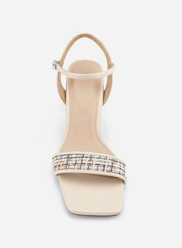 Tweed Block Heel Sandals - PUM 0816 - Cream - VASCARA