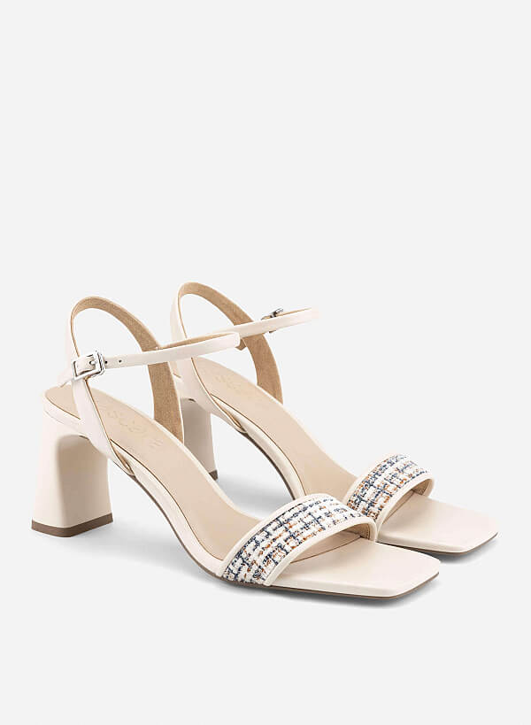 Tweed Block Heel Sandals - PUM 0816 - Cream - VASCARA