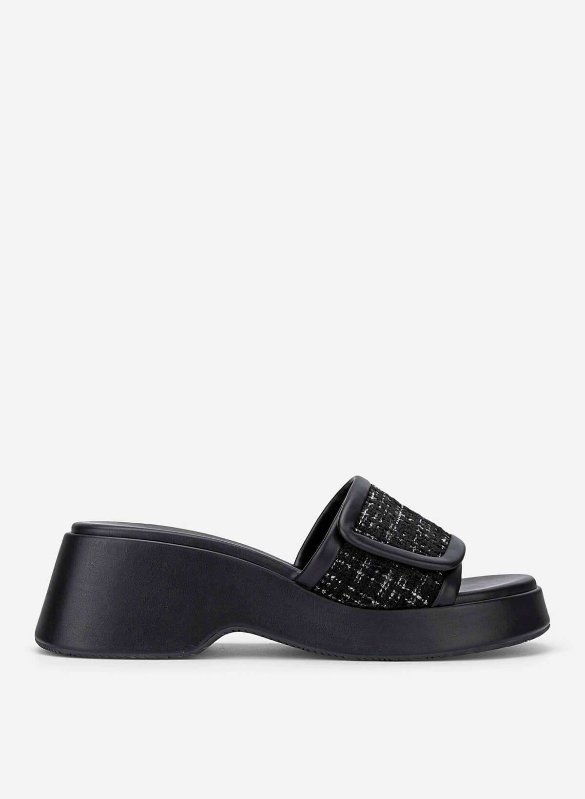 Tweed Chunky Flatform Slippers - WED 0059 - Black - VASCARA
