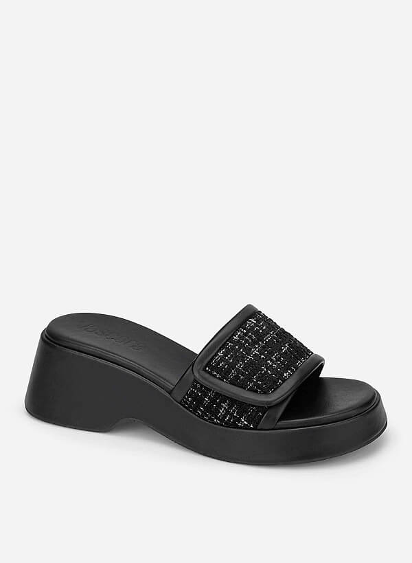 Tweed Chunky Flatform Slippers - WED 0059 - Black - VASCARA