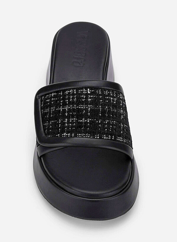 Tweed Chunky Flatform Slippers - WED 0059 - Black - VASCARA