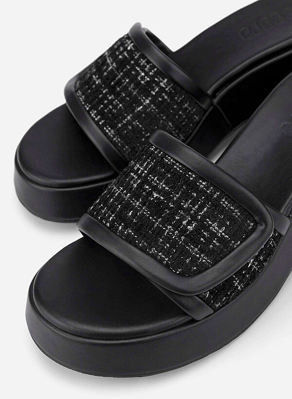 Tweed Chunky Flatform Slippers - WED 0059 - Black - VASCARA