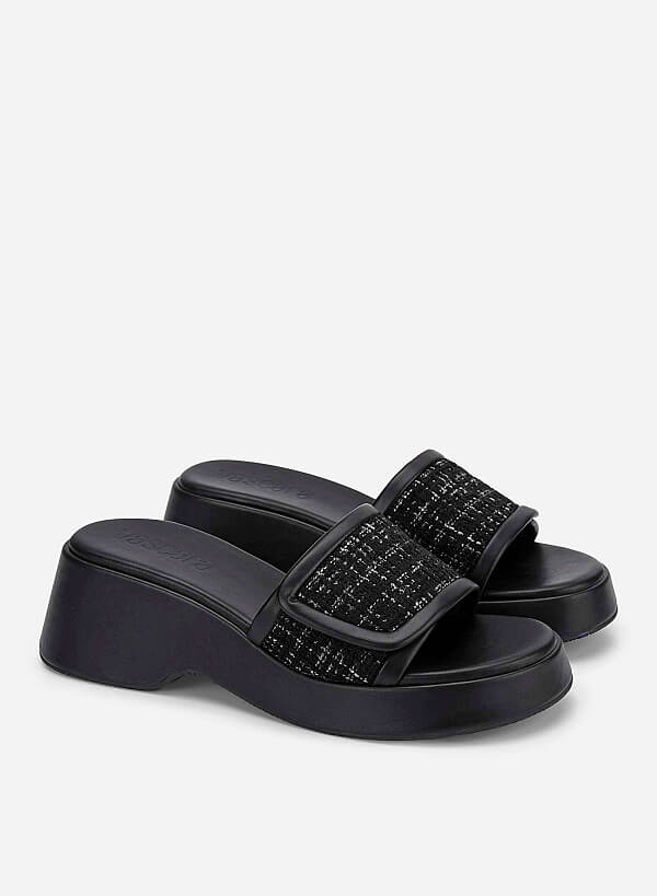 Tweed Chunky Flatform Slippers - WED 0059 - Black - VASCARA