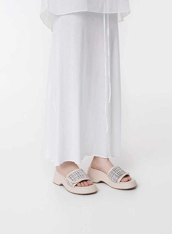 Tweed Chunky Flatform Slippers - WED 0059 - Cream - VASCARA
