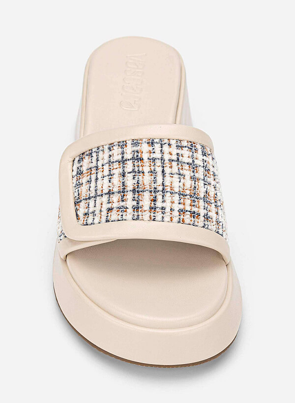 Tweed Chunky Flatform Slippers - WED 0059 - Cream - VASCARA