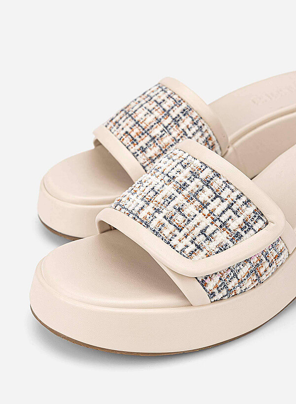 Tweed Chunky Flatform Slippers - WED 0059 - Cream - VASCARA