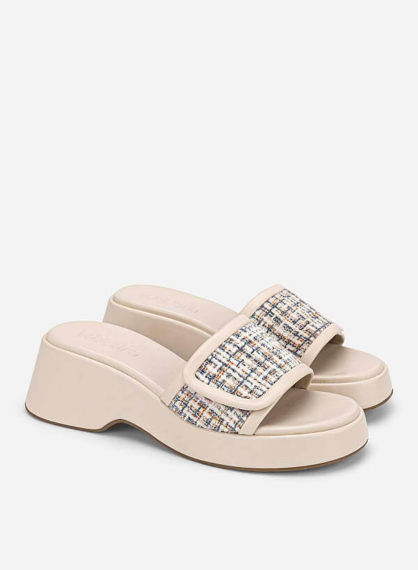 Tweed Chunky Flatform Slippers - WED 0059 - Cream - VASCARA