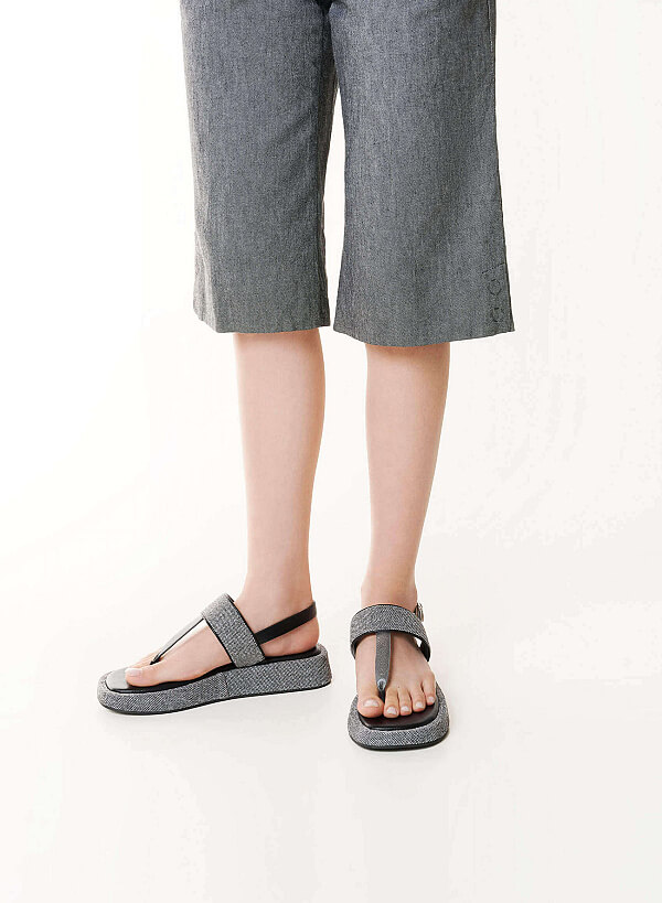 Tweed T-straps Sandals Slippers - SDL 0349 - Black - VASCARA