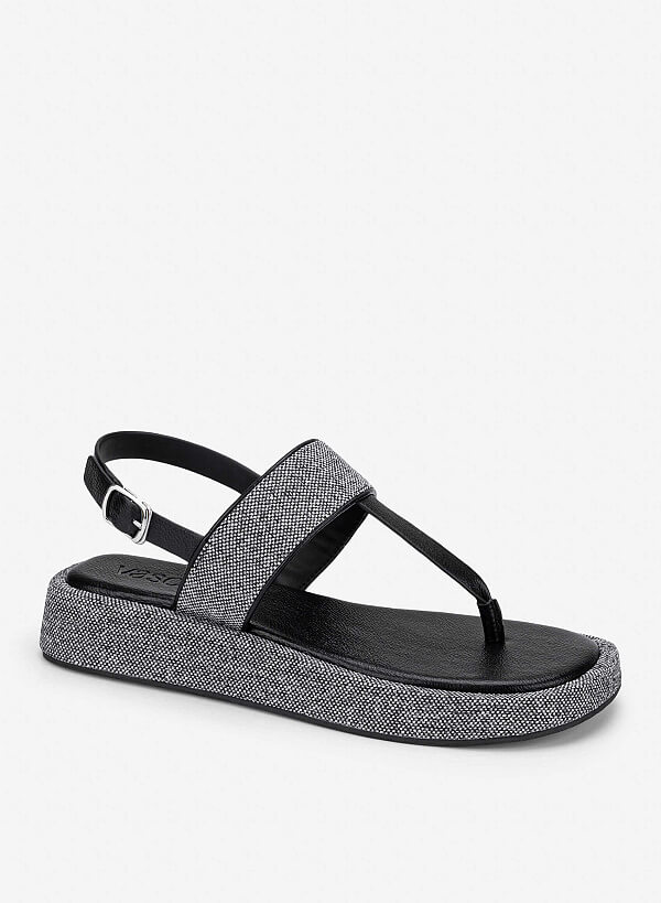 Tweed T-straps Sandals Slippers - SDL 0349 - Black - VASCARA