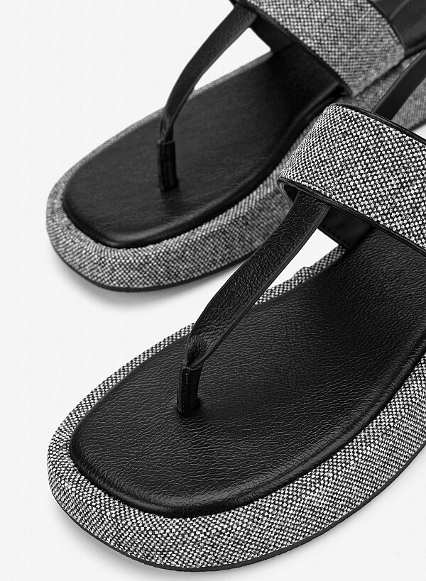 Tweed T-straps Sandals Slippers - SDL 0349 - Black - VASCARA