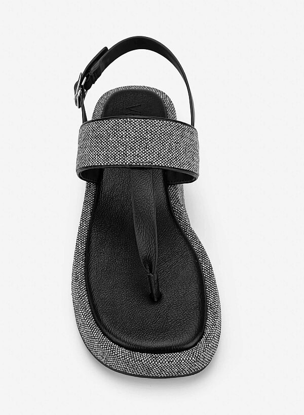 Tweed T-straps Sandals Slippers - SDL 0349 - Black - VASCARA