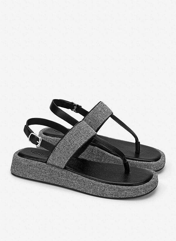 Tweed T-straps Sandals Slippers - SDL 0349 - Black - VASCARA