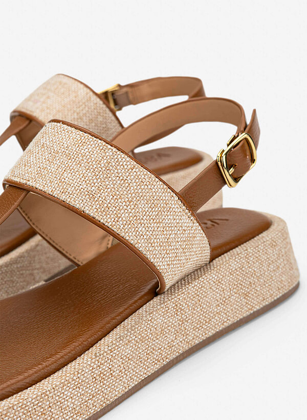 Tweed T-straps Sandals Slippers - SDL 0349 - Brown - VASCARA