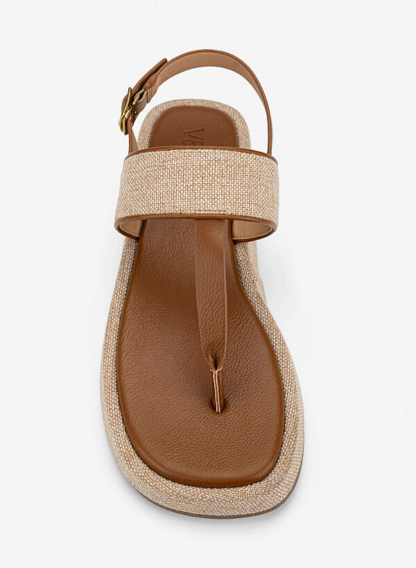 Tweed T-straps Sandals Slippers - SDL 0349 - Brown - VASCARA