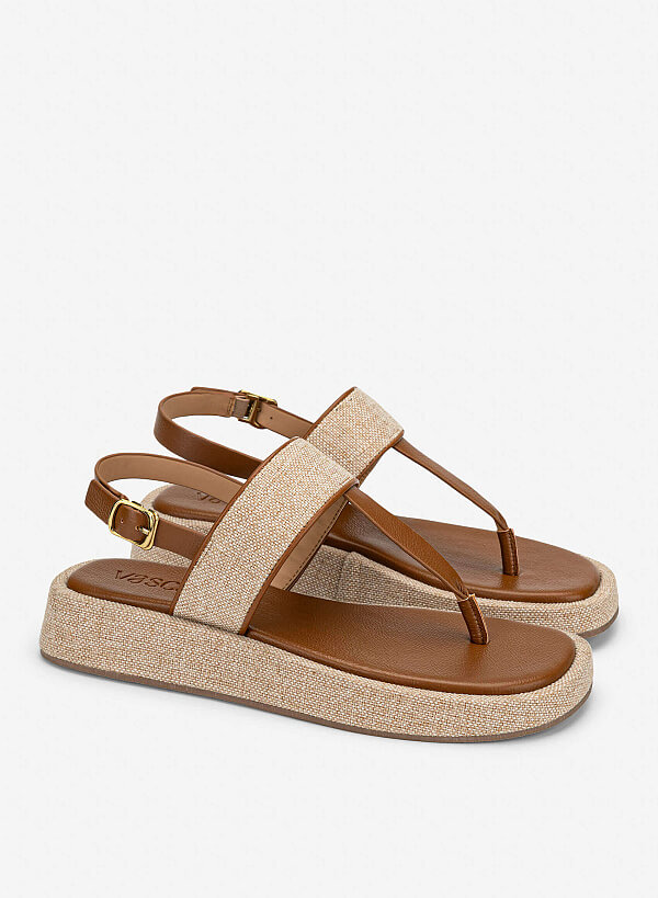 Tweed T-straps Sandals Slippers - SDL 0349 - Brown - VASCARA