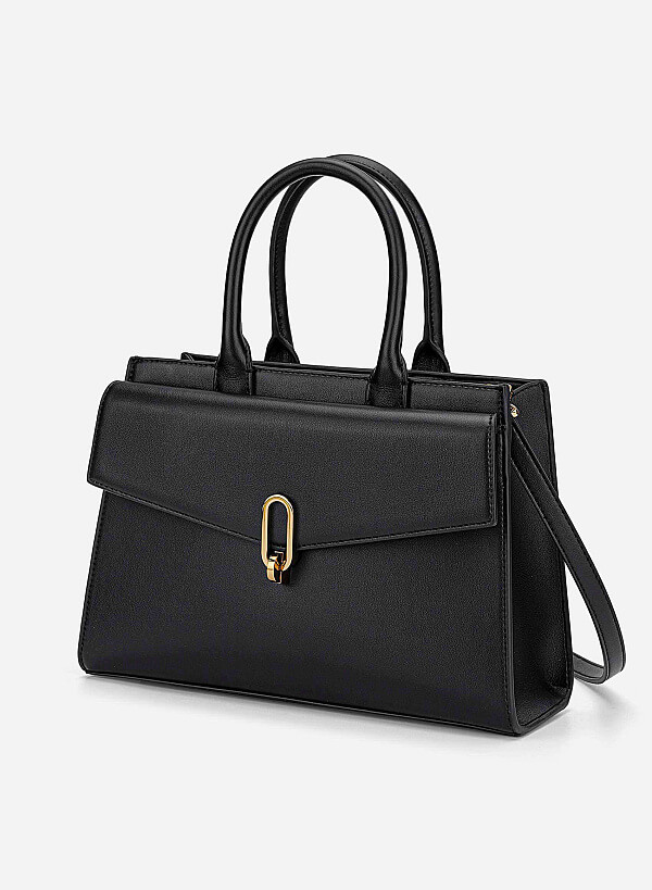 Twist Lock Fold-Over Handbag - TTE 0189 - Black - VASCARA