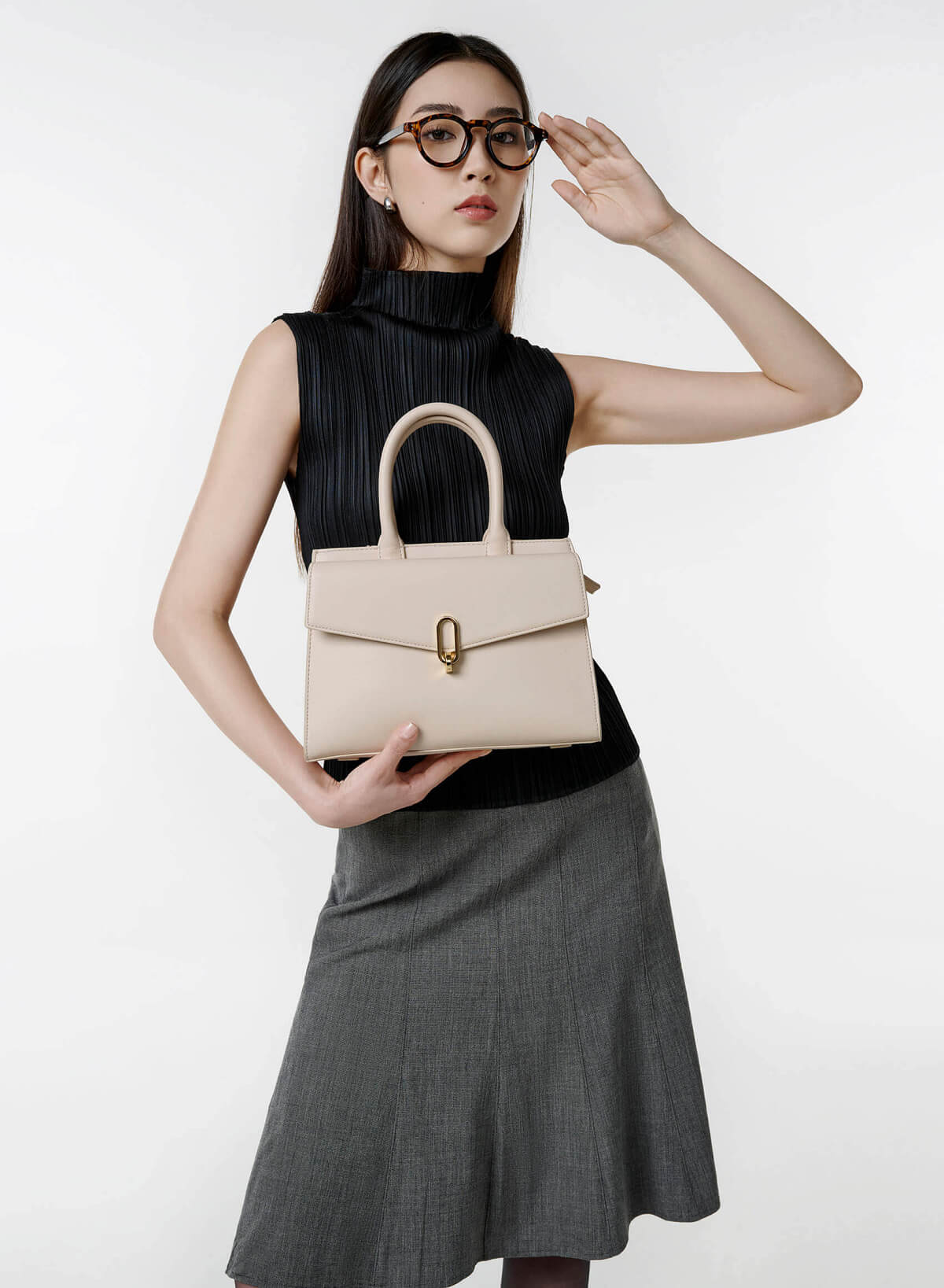 Twist Lock Fold-Over Handbag - TTE 0189 - Cream - vascara.com