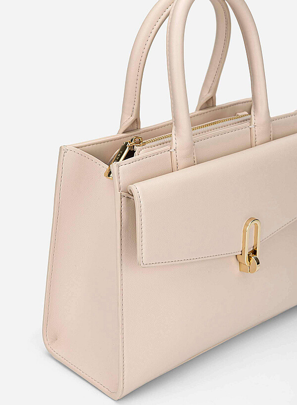 Twist Lock Fold-Over Handbag - TTE 0189 - Cream - VASCARA