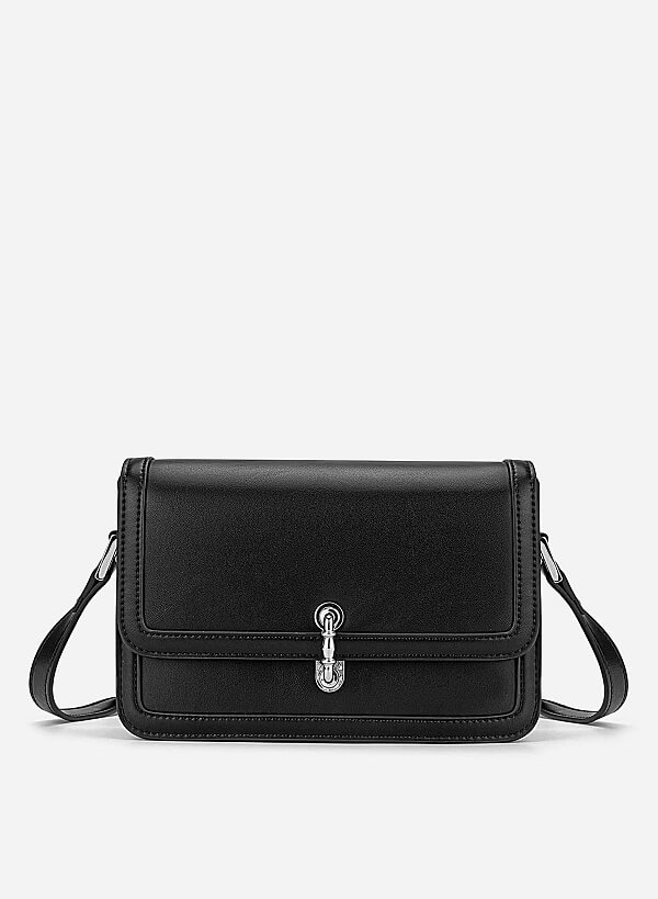 Vintage Lock Fold-Over Crossbody Bag - MES 0277 - Black