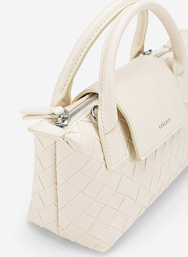 Woven Square-pattern Flap Shoulder Bag - TTE 0196 - Cream - VASCARA