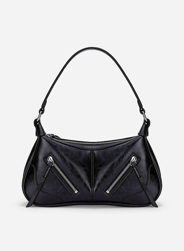 Zipper Décor Shoulder Bag - MES 0275 - Black