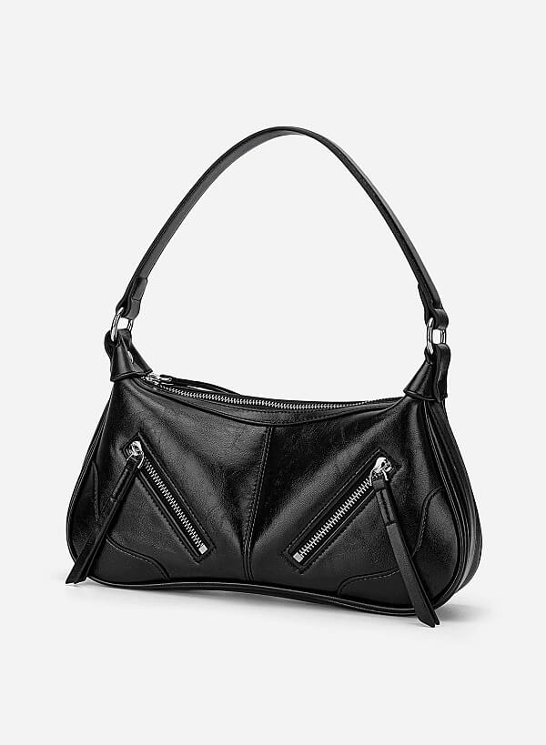 Zipper Décor Shoulder Bag - MES 0275 - Black - VASCARA