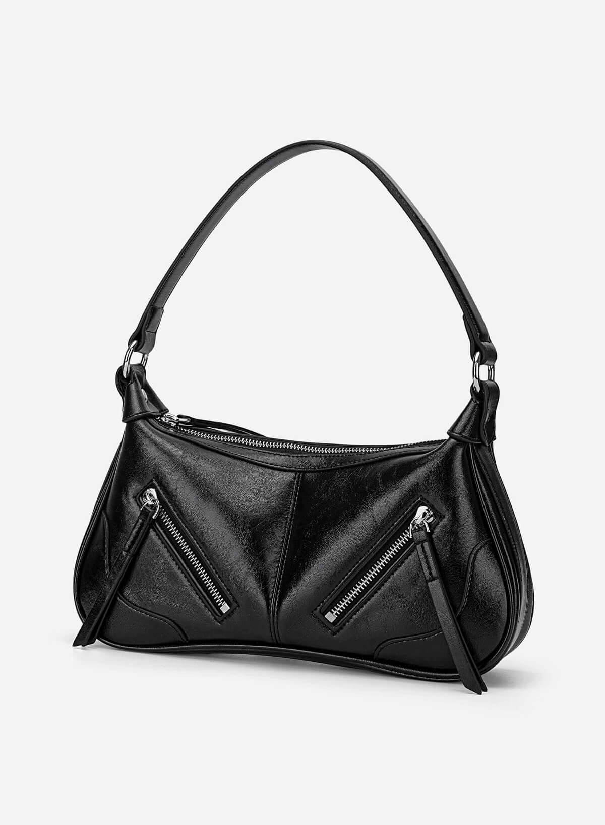 Zipper Décor Shoulder Bag - MES 0275 - Black - vascara.com