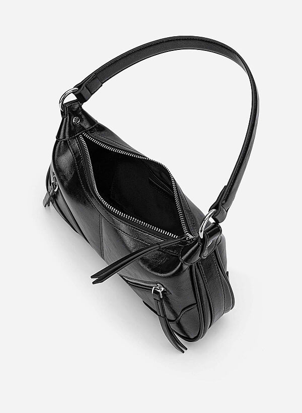 Zipper Décor Shoulder Bag - MES 0275 - Black - VASCARA