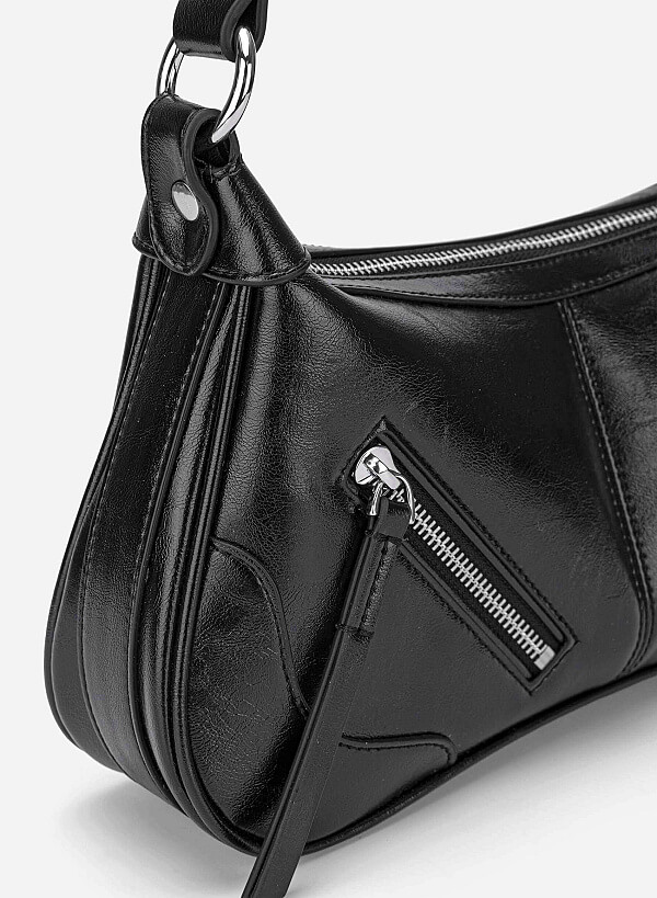 Zipper Décor Shoulder Bag - MES 0275 - Black - VASCARA