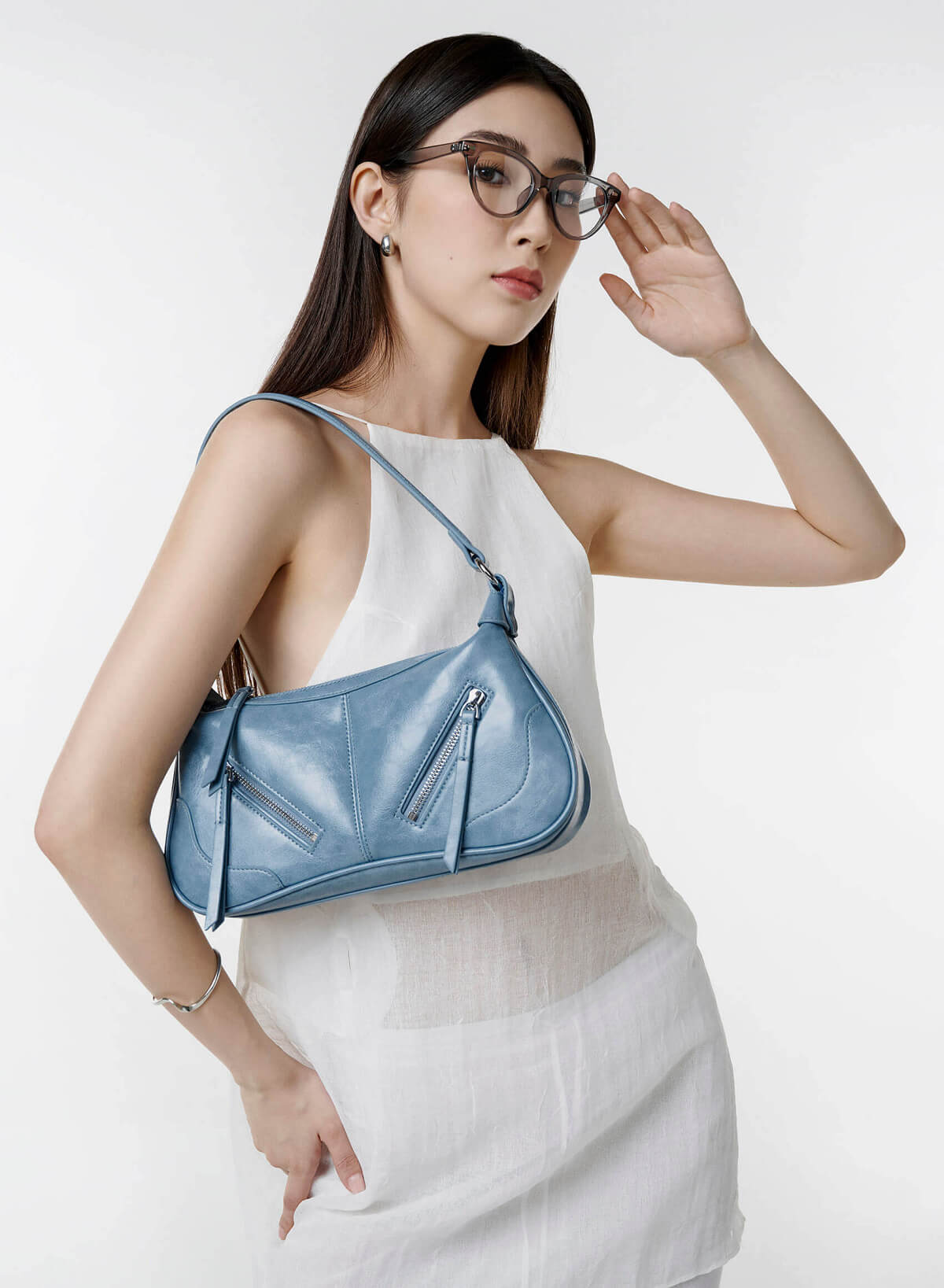 Zipper Décor Shoulder Bag - MES 0275 - Blue - vascara.com