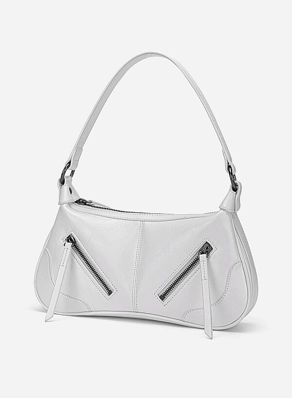 Zipper Décor Shoulder Bag - MES 0275 - White - VASCARA