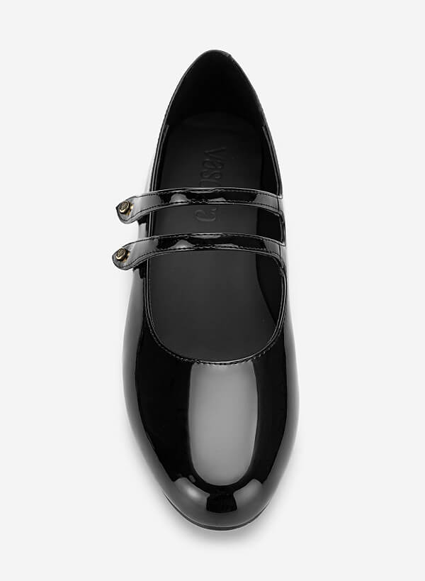 Giày ballerina mary janes quai đôi đính nút tán kim loại - GBB 0443 - Màu đen - VASCARA