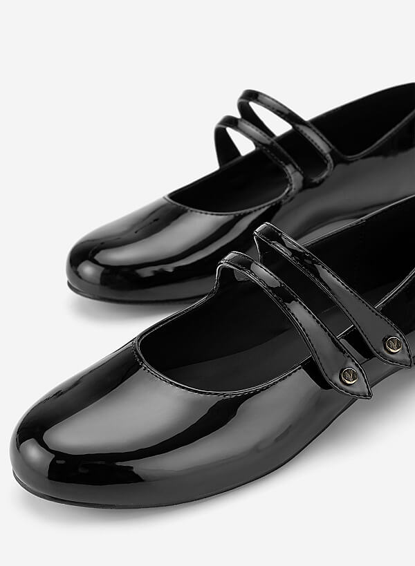 Giày ballerina mary janes quai đôi đính nút tán kim loại - GBB 0443 - Màu đen - VASCARA