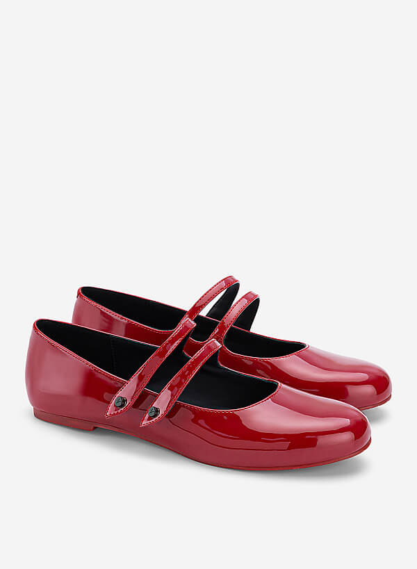 Giày ballerina mary janes quai đôi đính nút tán kim loại - GBB 0443 - Màu đỏ - VASCARA