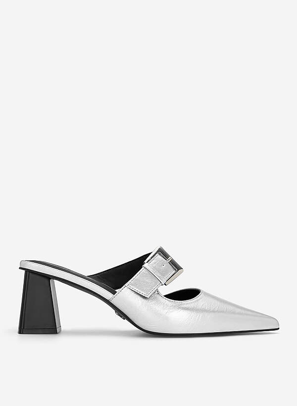 Guốc mules block heel cut-out phối khóa gài