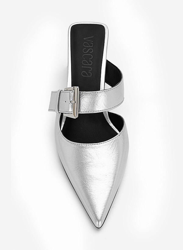Guốc mules block heel cut-out phối khóa gài - GNN 0230 - Màu bạc - VASCARA