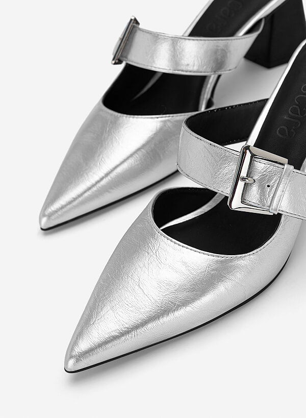 Guốc mules block heel cut-out phối khóa gài - GNN 0230 - Màu bạc - VASCARA