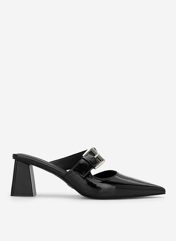 Guốc mules block heel cut-out phối khóa gài