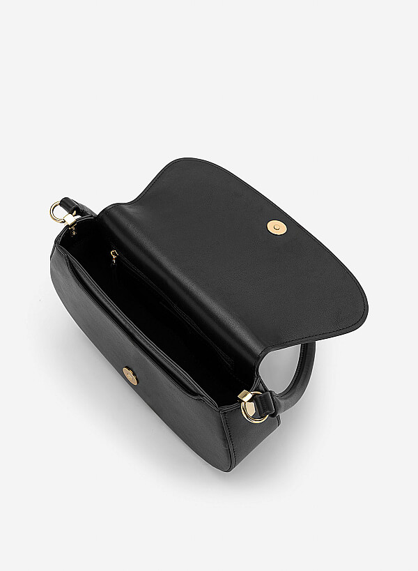 Túi leather nắp gập kiểu saddle - SHO 0296 - Màu đen - VASCARA