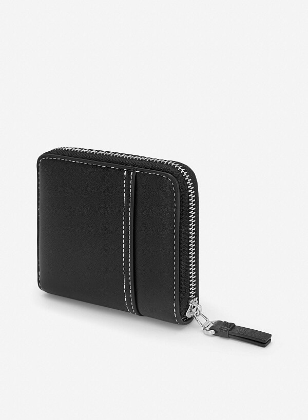 Ví mini zip-around nhấn đường chỉ - WAL 0334 - Màu đen - VASCARA