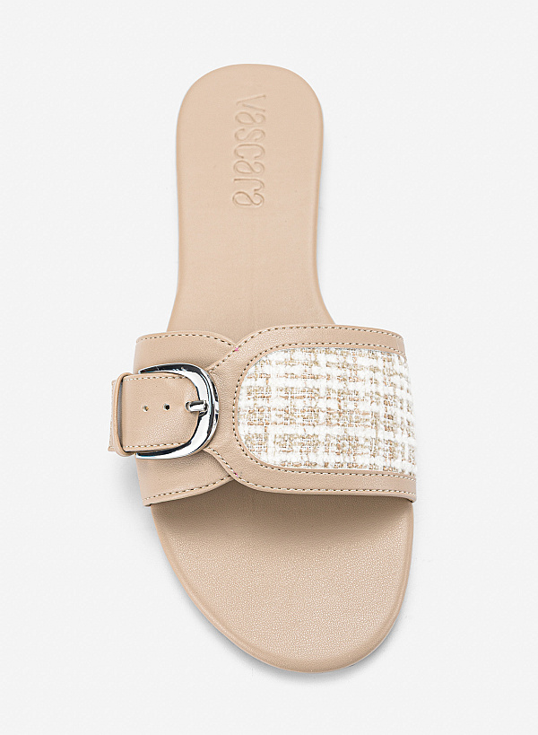 Dép quai ngang vải tweed nhấn khoá kim loại - DXP 0224 - Màu kem - VASCARA