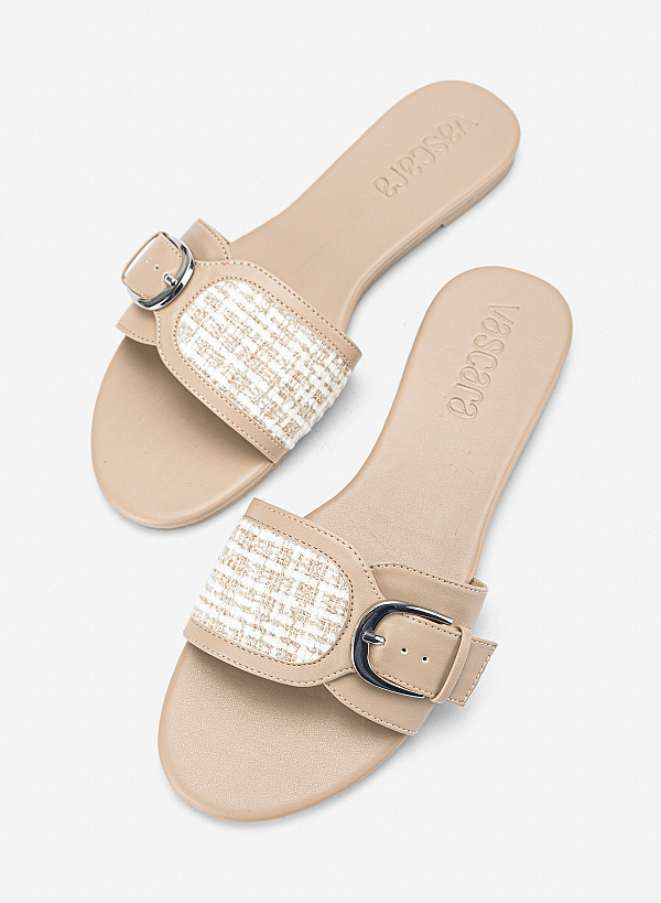 Dép quai ngang vải tweed nhấn khoá kim loại - DXP 0224 - Màu kem - VASCARA