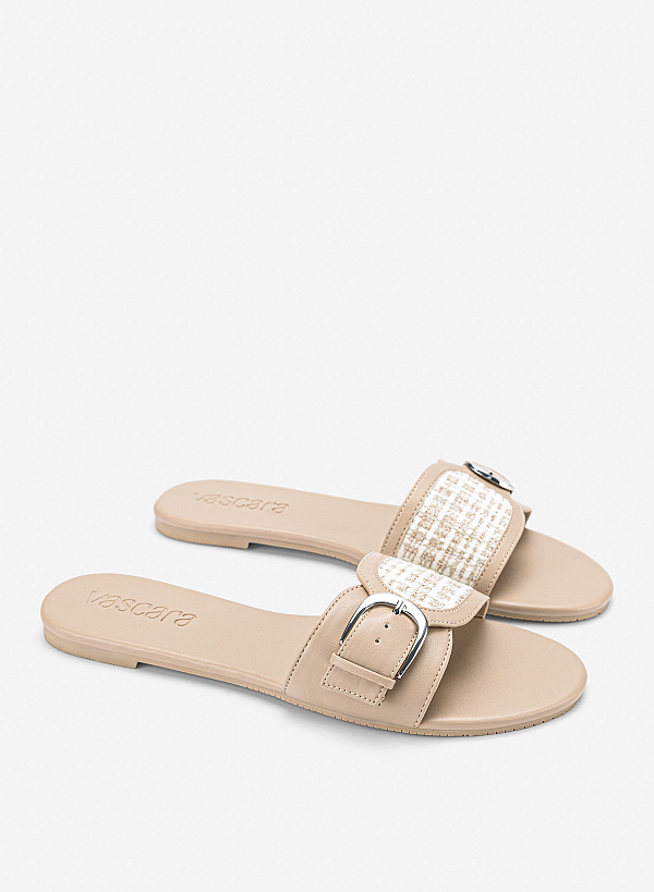 Dép quai ngang vải tweed nhấn khoá kim loại - DXP 0224 - Màu kem - VASCARA