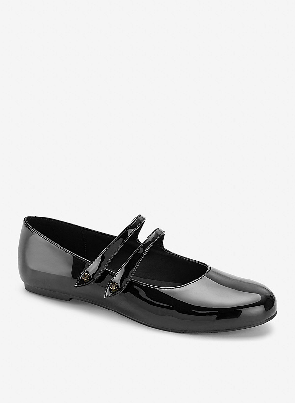Giày ballerina mary janes quai đôi đính nút tán kim loại - GBB 0443 - Màu đen - VASCARA